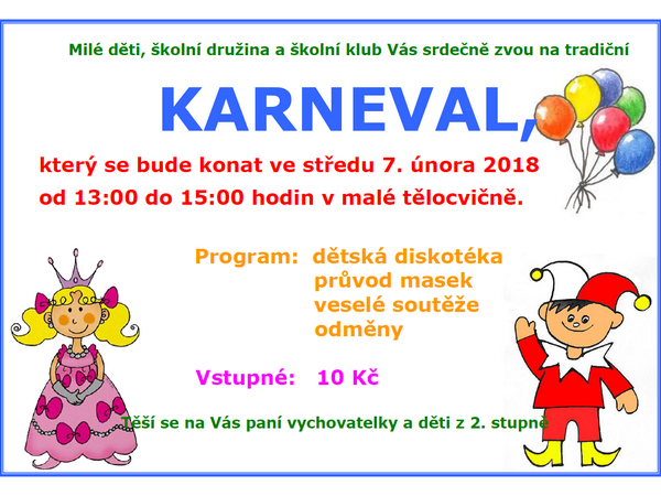 Pozvánka na karneval pro děti I. stupně